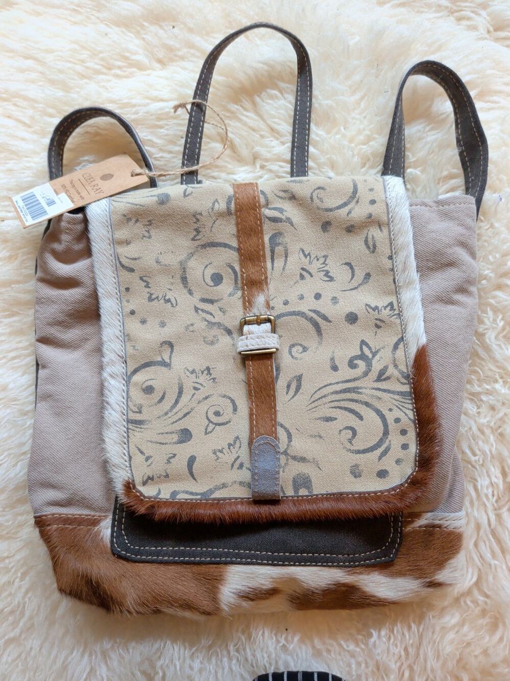 NWT Clea Ray Small Leather Cowhide Backpack Floral Cotton Canvas New